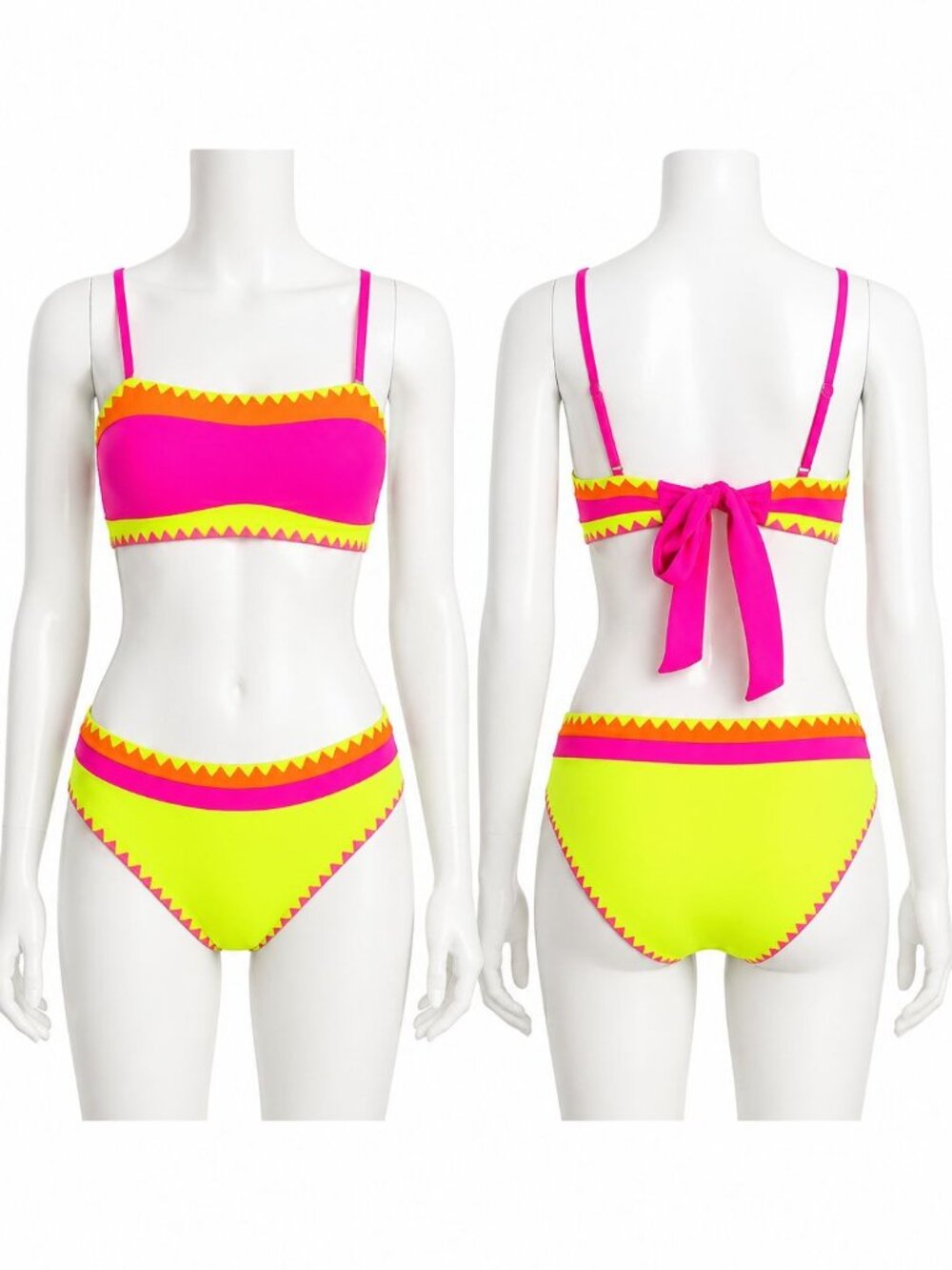 🆕Small Neon Pink Color Block Bandeau Strapless Whip Stitch Bikini NWOT - Picture 2 of 4